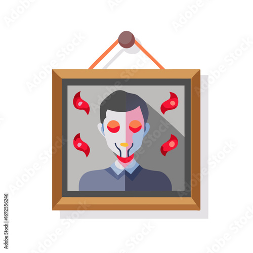 Vector art of a spooky portrait of a man with a mask hanging on the wall isolated