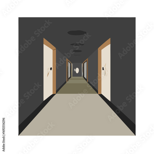 Vector art of a long hotel hallway with doors and a mysterious figure at the end
