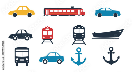 various modes of transportation including cars trains boats buses and anchors