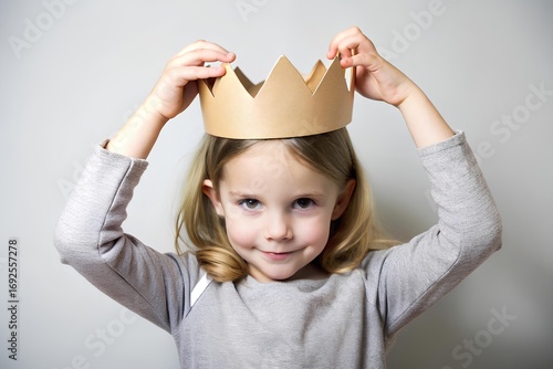 A cute little girl with blonde hair wearing a gray shirt holds a simple cardboard crown on her head, looking playful and confident against a light background