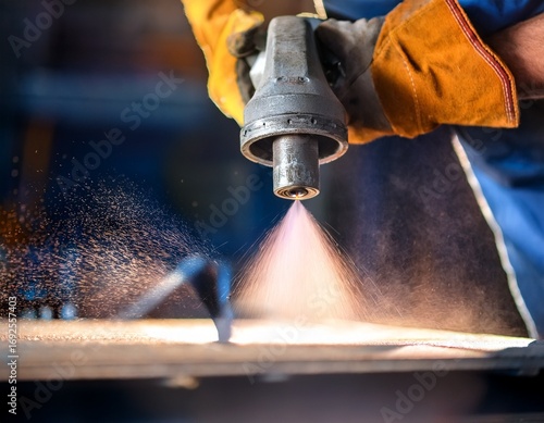close up of industrial sandblasting process on metal surface