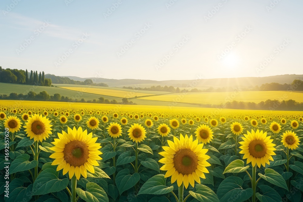 Fototapeta premium Bright sunflower field under morning sunlight with rolling hills in background, showing vivid nature and landscape in a creative light-filled scene.