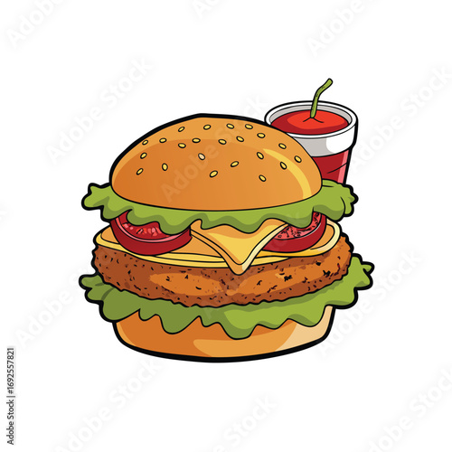 Delicious fried chicken sandwich with tangy pickles and zesty spicy sauce illustration