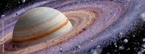 Close-up of vibrant colorful planet with glowing rings, floating in deep space, cosmic astrophotography