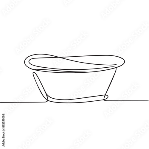 Simple black line art drawing of a big plastic bowl in a minimalist style on a white background.