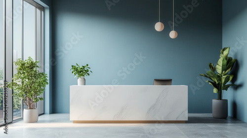 Dental Clinic Reception counter mockup welcome front entrance Modern style interior registration dentist copy space desk indoor decoration design front view