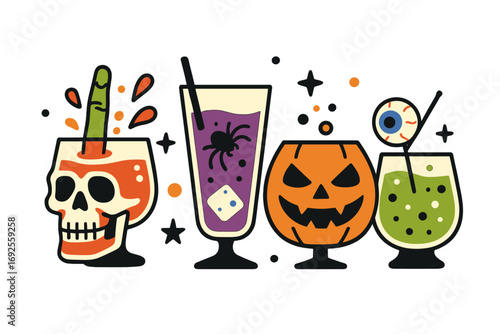 Collection of spooky Halloween cocktails including a skull glass, pumpkin jack-o'-lantern mug, spider drink, and eyeball garnish