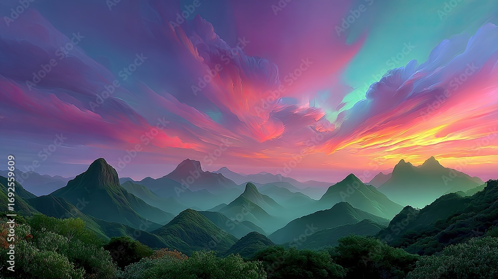 Obraz premium Misty mountain peaks bathed in a pastel sunset, golden rays piercing through drifting fog, a surreal and calming natural wonder