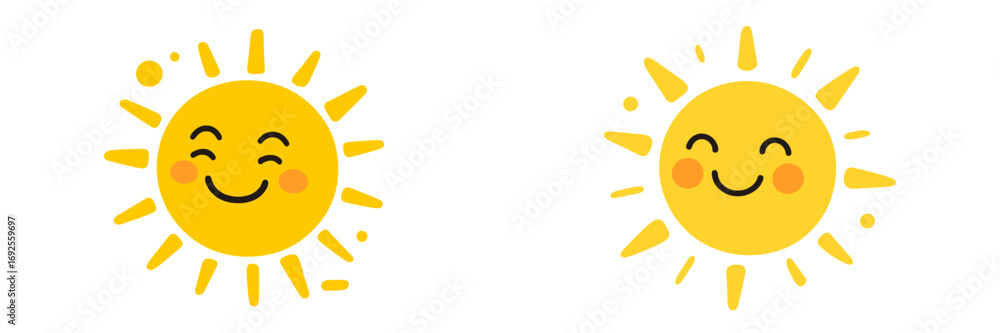Fototapeta premium Two cute smiling sun characters with happy faces, cartoon emoji style for weather forecast or kids design