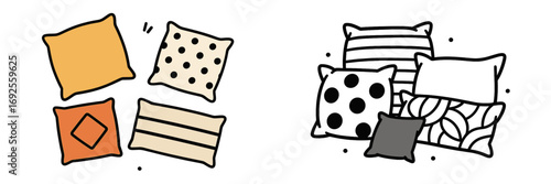 Set of decorative pillows and cushions with modern patterns including polka dots, stripes, and geometric shapes for cozy home interior decor