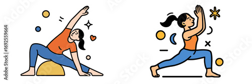 Woman doing yoga poses set, minimalist cartoon character in side angle and high lunge asanas for fitness and wellness