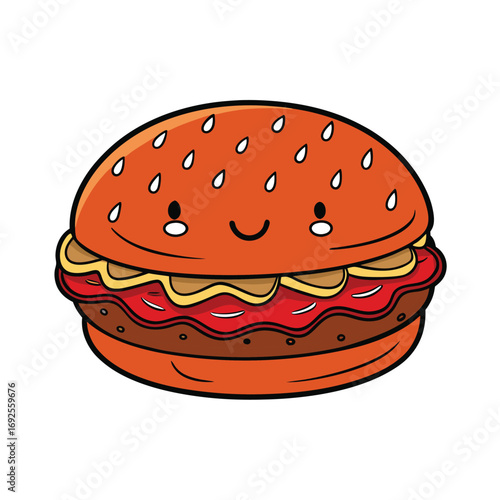 Delicious grilled hamburger patty with prominent grill marks and a savory sauce illustration