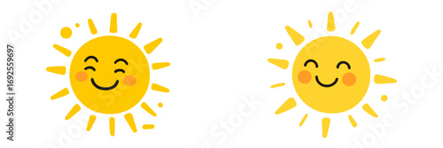 Two cute smiling sun characters with happy faces, cartoon emoji style for weather forecast or kids design