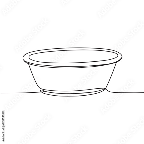 Simple black line art drawing of a big plastic bowl in a minimalist style on a white background.