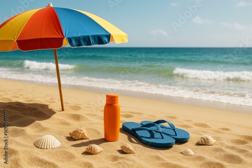 Wallpaper Mural Colorful umbrella, sunscreen bottle, flip-flops, and seashells on sandy beach with ocean waves in background on a sunny day. Ai generative. Ai generative Torontodigital.ca