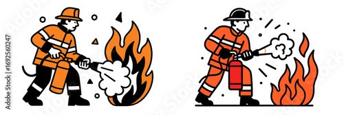 Collection of firefighter characters in protective gear extinguishing a fire with foam from a fire extinguisher isolated on a white background