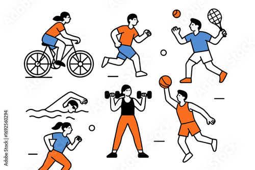 People engaged in various sports and fitness activities like running, cycling, swimming, basketball, and weightlifting