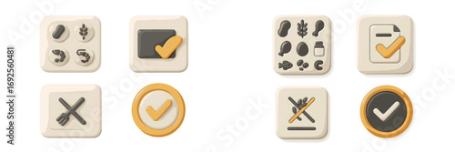 3D icon set with food allergen symbols like gluten, peanut, and shellfish, plus checkmarks for dietary choices and restrictions