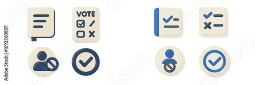 3D icon set for voting and user interface with checkmark, ballot, list, and blocked user symbols for web and mobile apps