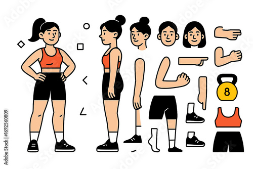Woman character constructor kit for animation with separate body parts and fitness clothing for workout and sport