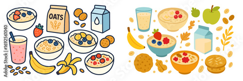 Collection of oatmeal breakfast elements including porridge bowls with fresh berries, fruits, nuts, oat milk, and cookies