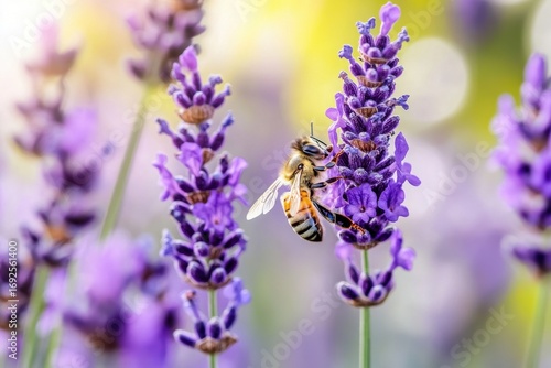 Bee collecting nectar from lavender flower in sunlit garden, close up macro showing delicate wings and pollen covered legs, evoking peaceful natural beauty