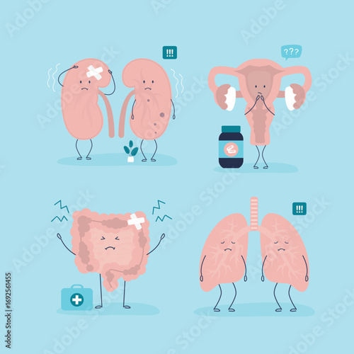 Unhappy sick organs set. Cartoon characters internal organs -  intestines, uterus, lungs, kidneys. Illness body organs. Funny mascot with negative emotions on faces