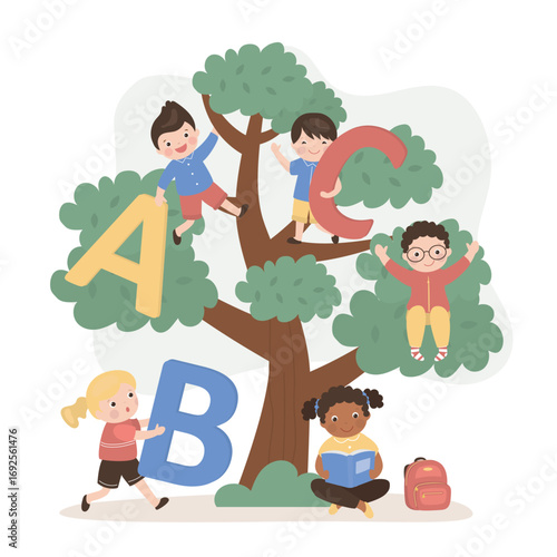 Multiethnic kids students and tree with letters abc. Education process. Tree of knowledge, learning process, kids students. School subjects. Schoolboys and schoolgirls.