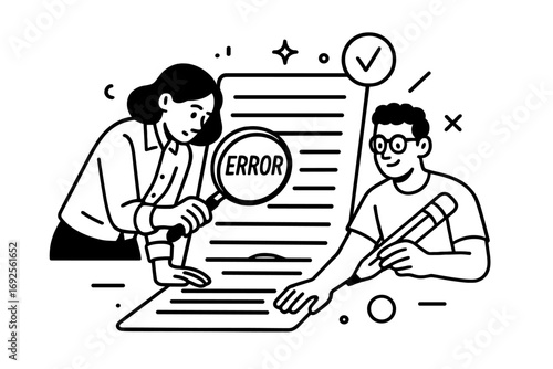 Minimalist line art of two people working together on quality assurance, finding and correcting an error on a document with a magnifying glass and pencil