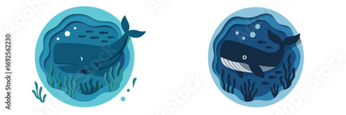 Set of two paper cut style whales swimming underwater with fish and seaweed in a layered ocean scene
