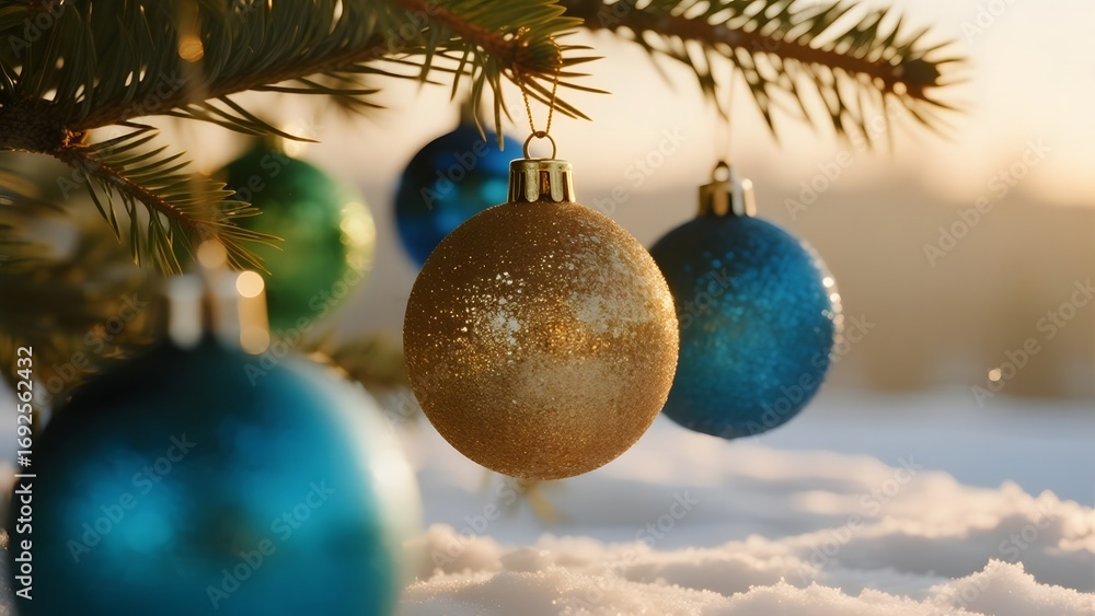 Fototapeta premium Colorful Christmas ornaments hanging on a pine tree branch against a snowy backdrop at sunset.