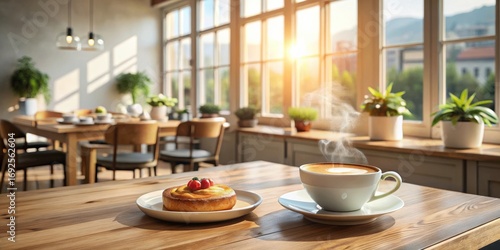 Wallpaper Mural A delightful pastry and a steaming cup of coffee on a sunlit wooden table in a bright caf? Torontodigital.ca