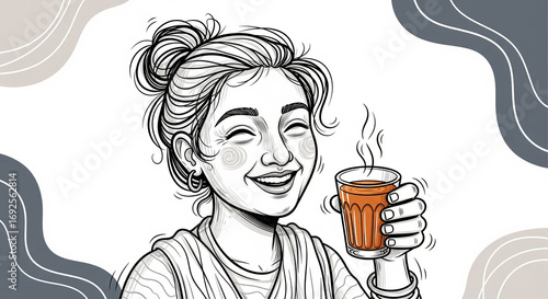 Happy Indian Woman Enjoying Hot Chai Tea in Monochrome