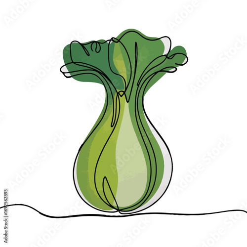 Simple black line art drawing of a Bok Choy in a minimalist style on a white background.