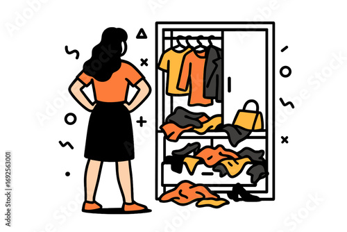 A woman stands in front of her messy, overflowing closet full of clothes, illustrating the concept of wardrobe clutter and disorganization