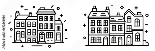 Wallpaper Mural Minimalist line art icon collection of classic European townhouses and urban apartment buildings with simple decorative facade elements Torontodigital.ca
