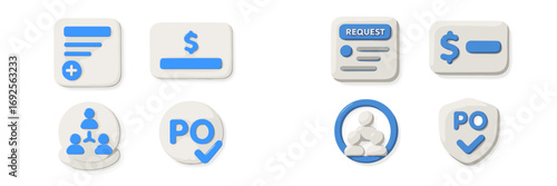 3D business and finance icon set for purchase order management, team collaboration, and financial transactions