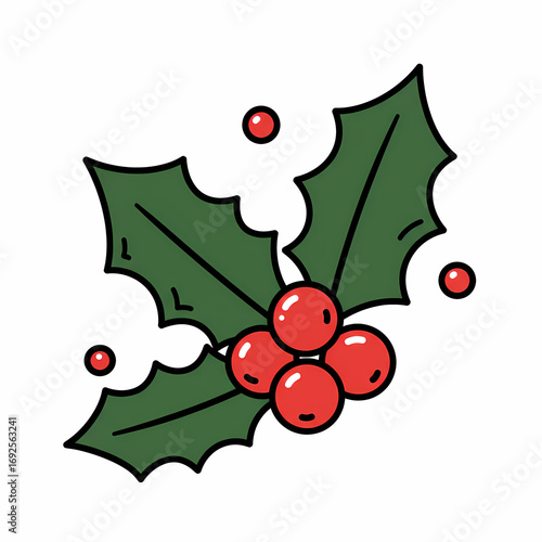 Simple Digital Holly Sprig with Three Red Berries and Two Green Leaves in Cartoon Style with Bold Outlines Against White Background