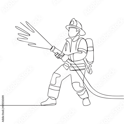 Simple black line art drawing of a firefighter in a minimalist style on a white background.