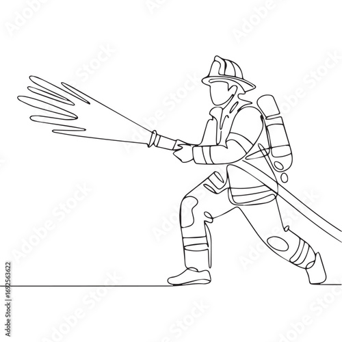 Simple black line art drawing of a firefighter in a minimalist style on a white background.