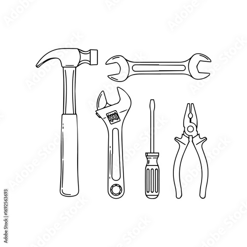 A black and white sketch of five tools hammer wrench adjustable wrench screwdriver and pliers
