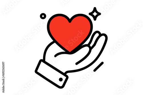 Minimalist line art icon of a hand holding a red heart symbolizing love, compassion, charity, donation, and support
