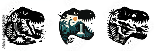 Set of three Tyrannosaurus Rex head silhouettes with a double exposure effect showing a prehistoric jungle landscape with other dinosaurs