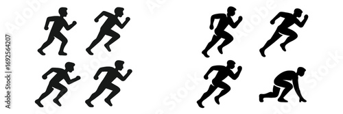 Set of black running man silhouettes in various poses including sprinting and starting position isolated on white