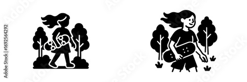 Set of black and white icons showing a girl walking with a skateboard in a park, minimalist glyph and silhouette style for active lifestyle and youth culture concepts
