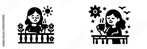 Woman enjoying a hot coffee or tea on a sunny balcony with flowers representing a peaceful morning routine and relaxation