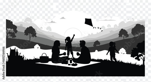 Joyful family enjoying a sunny picnic and flying a kite in a scenic landscape.