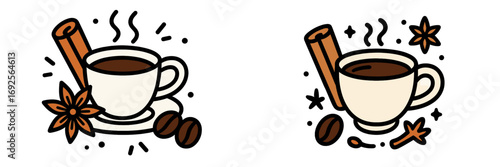 Set of two doodle style coffee cups with steam, cinnamon stick, star anise, and coffee beans isolated on a white background