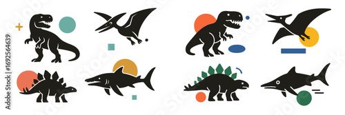 Stylized set of prehistoric creature silhouettes including dinosaurs and a shark combined with colorful abstract geometric shapes in a modern minimalist style