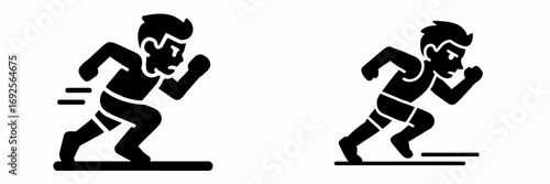 Running man icon set with athlete silhouette in motion for sport and fitness concepts, black glyph symbol of a sprinter or jogger